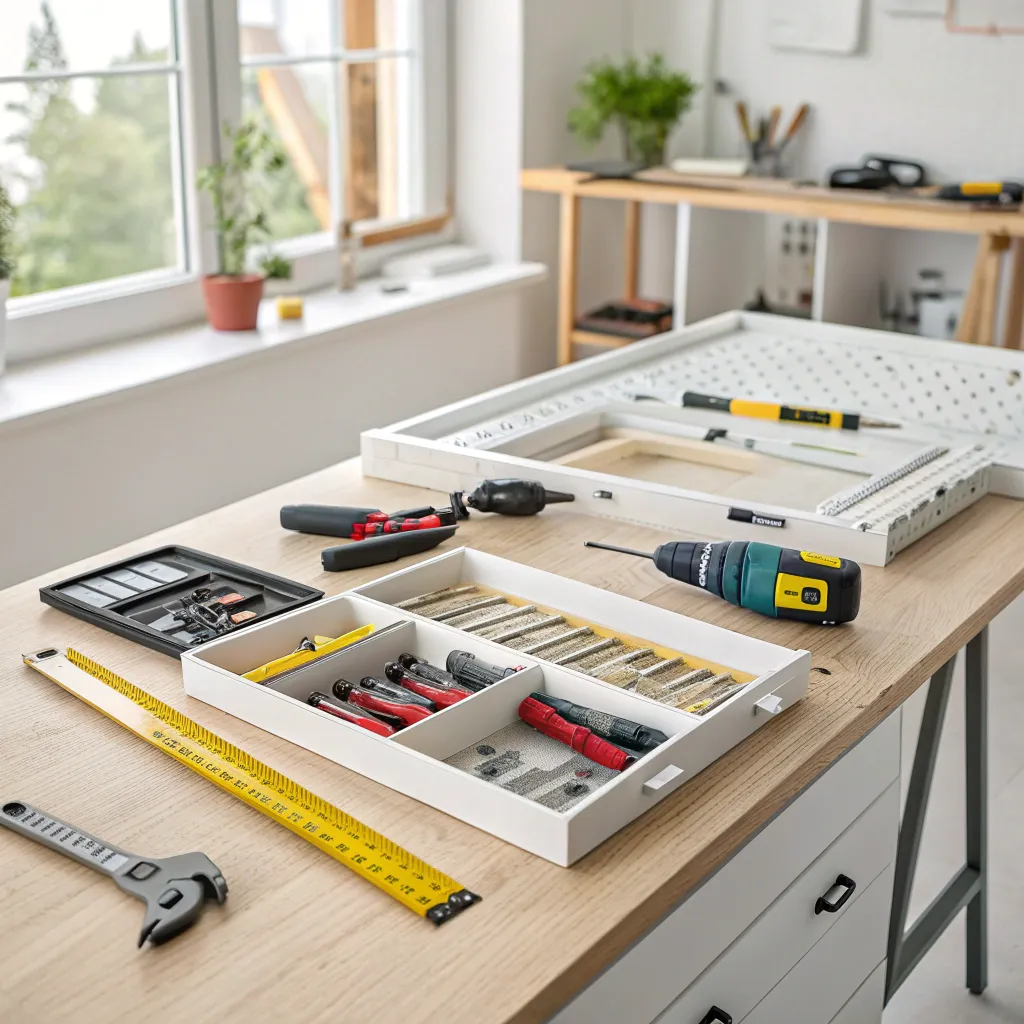 A beautifully organized workspace with tools for assembling furniture